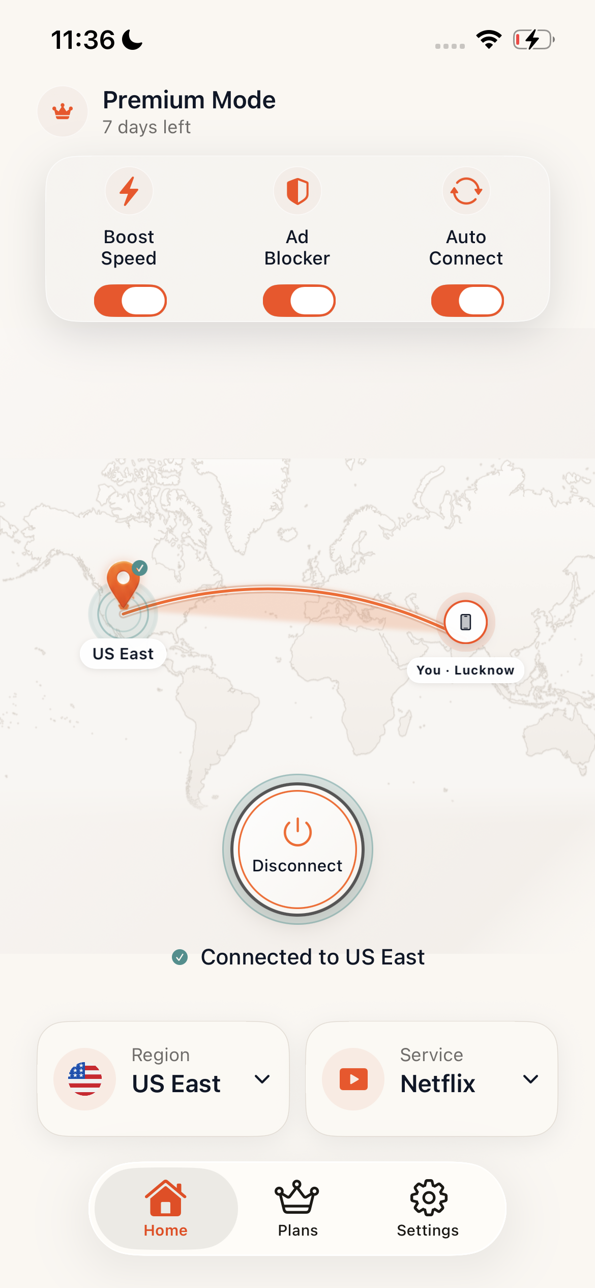 Dash VPN connected home screen showing controls, route, and connection status