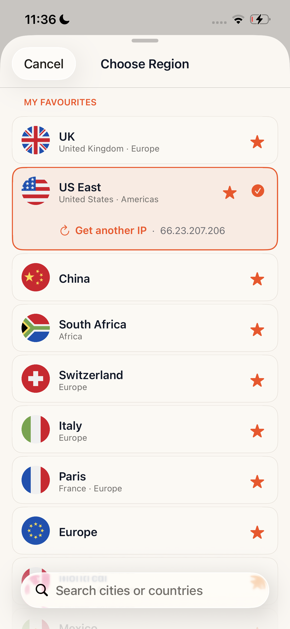 Dash VPN region chooser showing favourite and available locations
