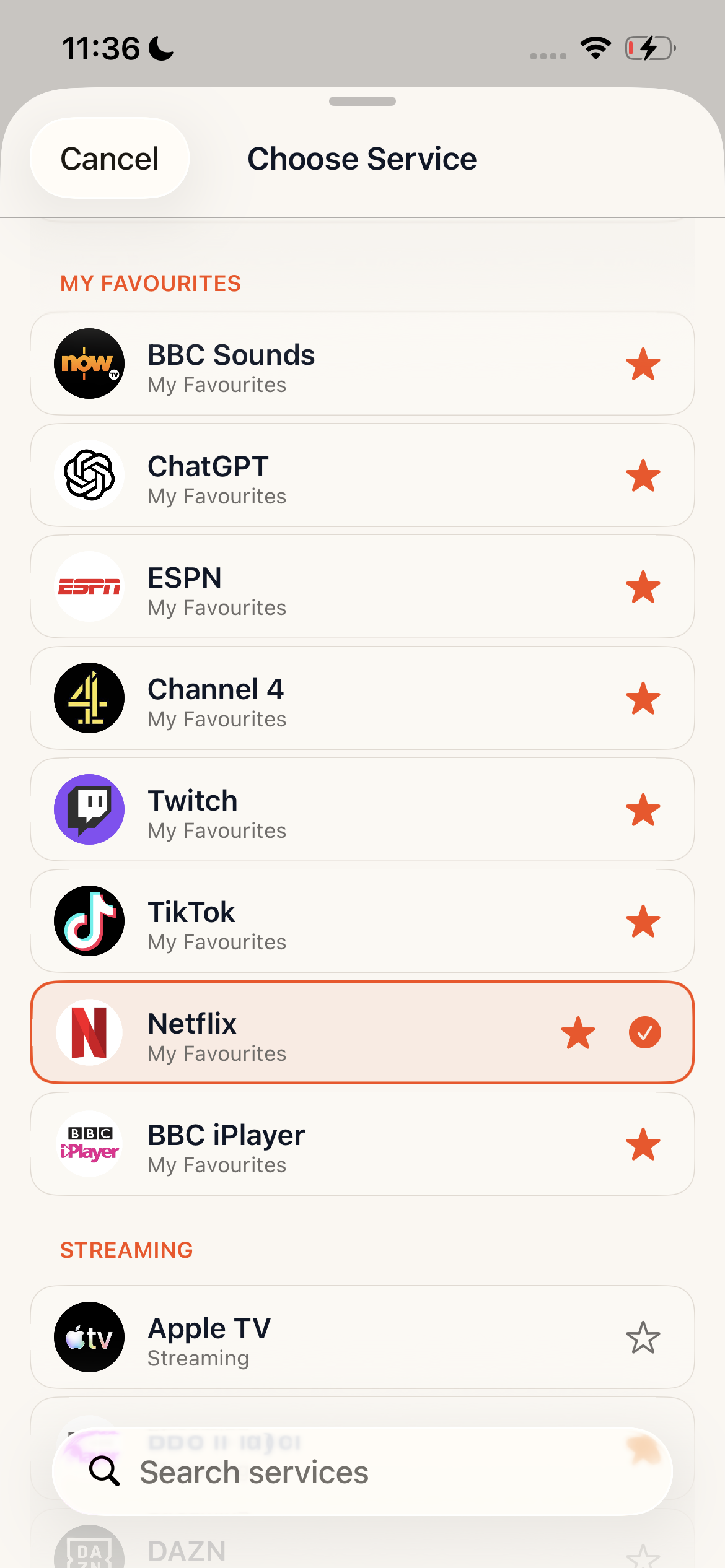 Dash VPN service chooser showing streaming and entertainment destinations