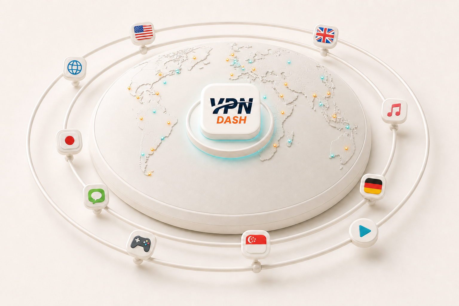 A sculpted world route dotted with server locations, with the Dash VPN logo at its center and distinct region flags and service icons orbiting around it