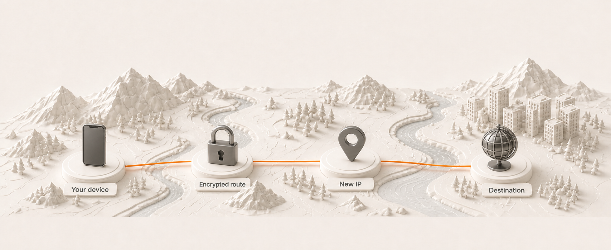 Private VPN route with upright 3D device, encrypted lock, new IP pin, and destination globe